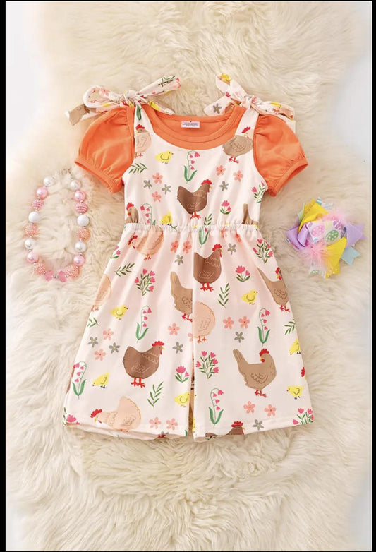 Hen Printed Girls Romper