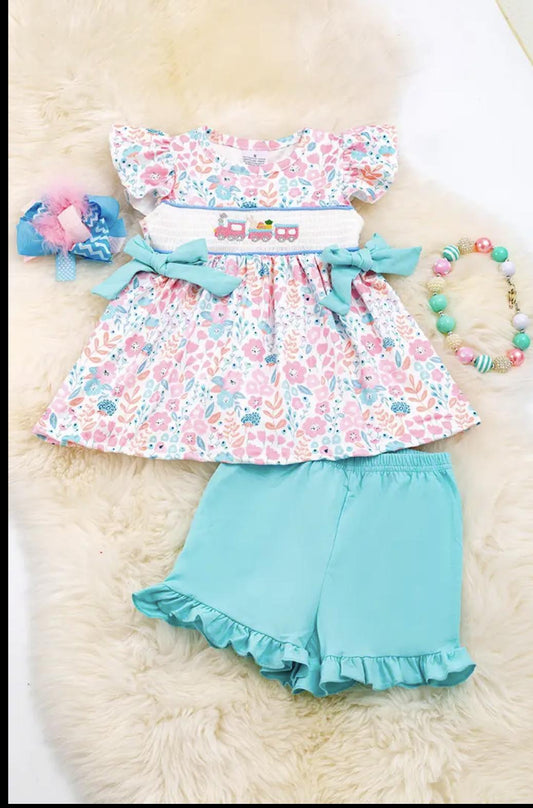 Pastel floral smocked girls set.