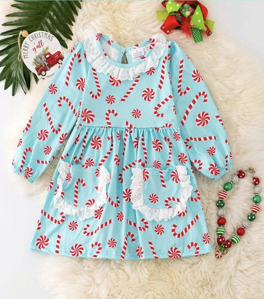 Candy Cane Aqua dress W/Embroidered Pockets