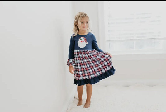 Santa Plaid Long Sleeve Twirl Ruffle Navy Dress