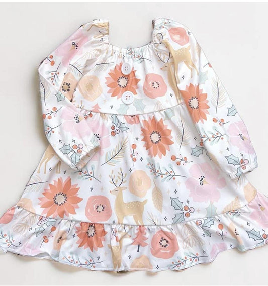 Deer/Floral Printed Ruffle Hem