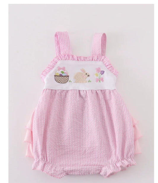 Pink Seersucker Bunny Floral Embroidery Girl Bubble