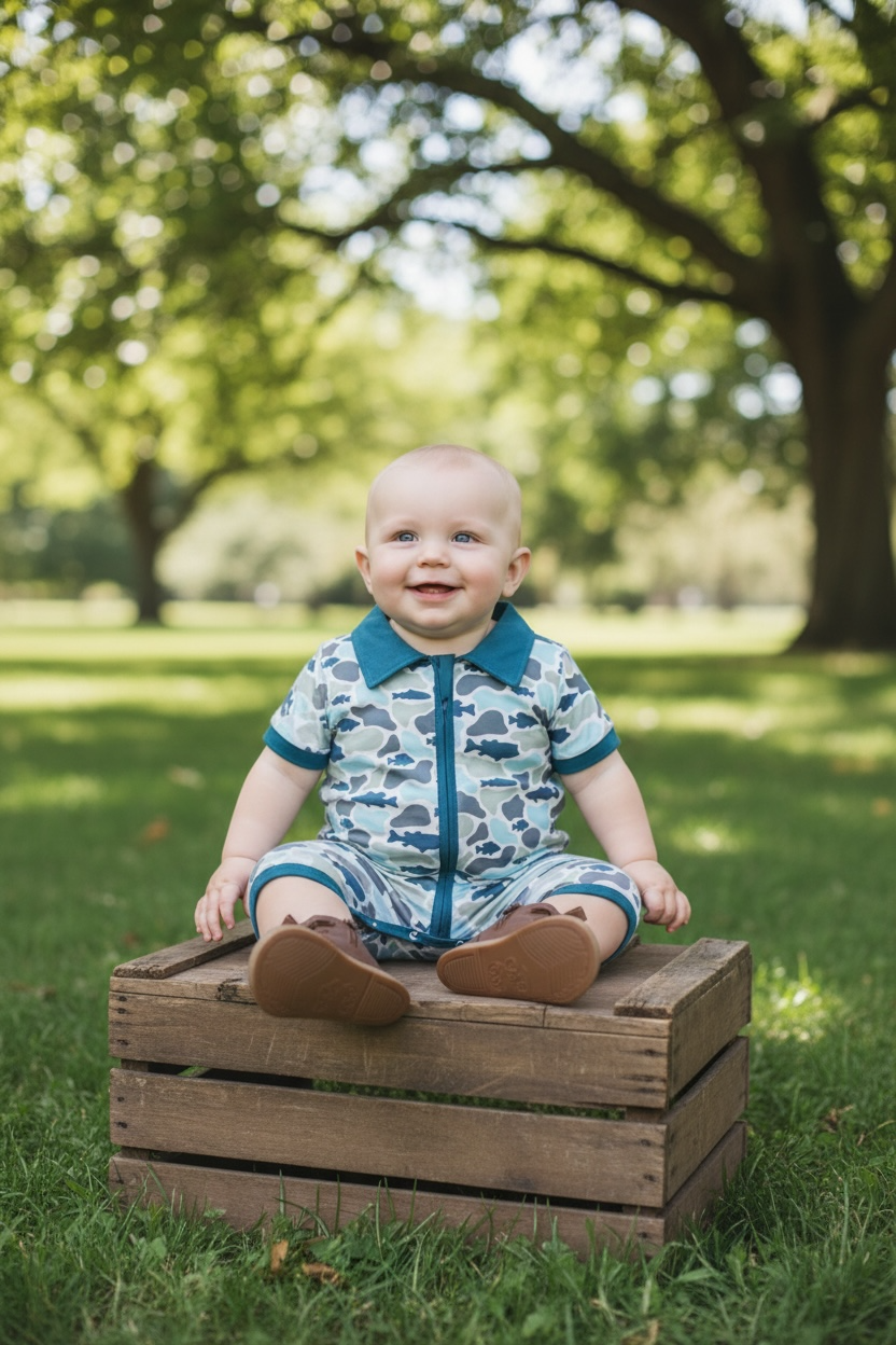 Camouflage boys romper with snaps.