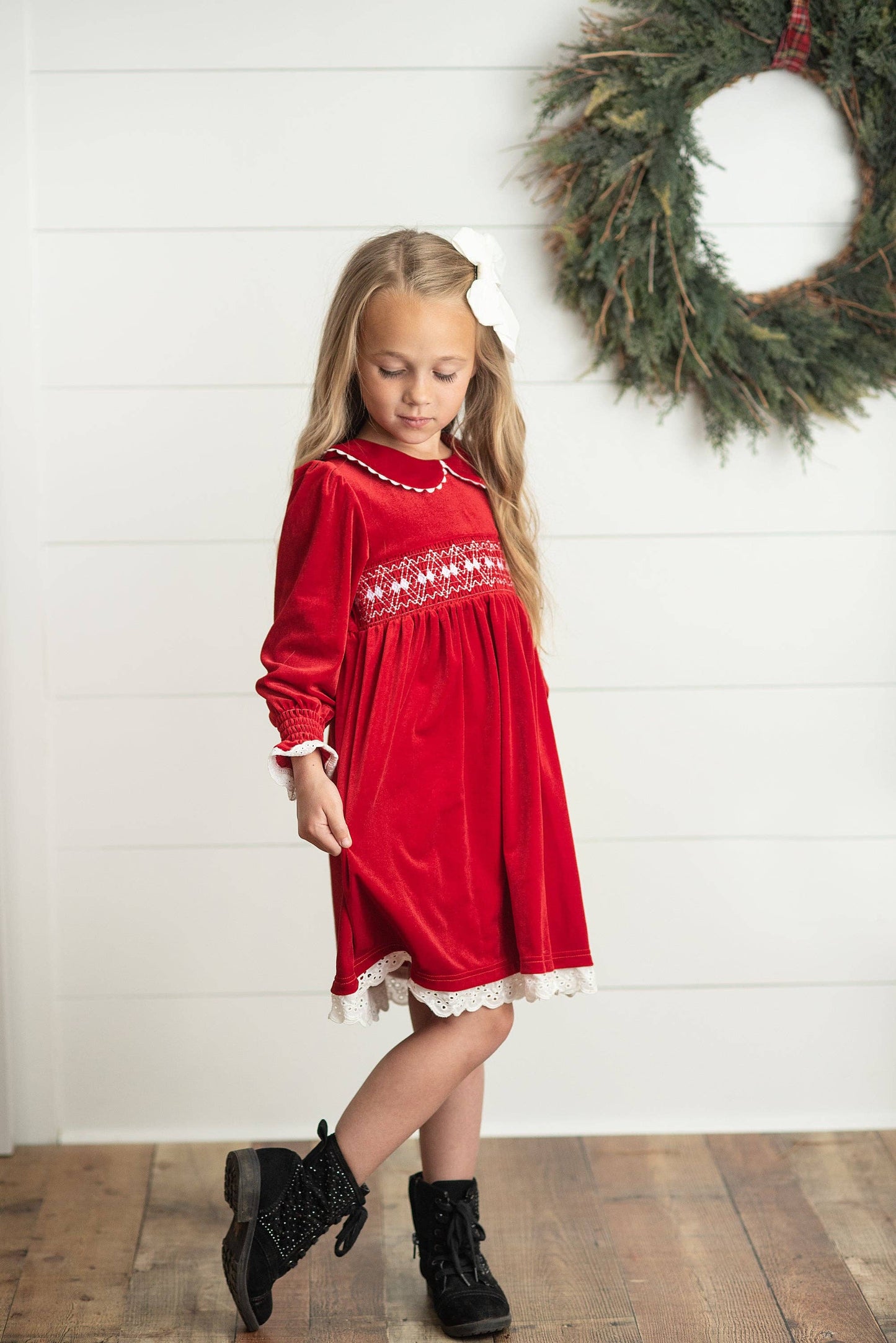 Red Velvet Smocked Lace Dress