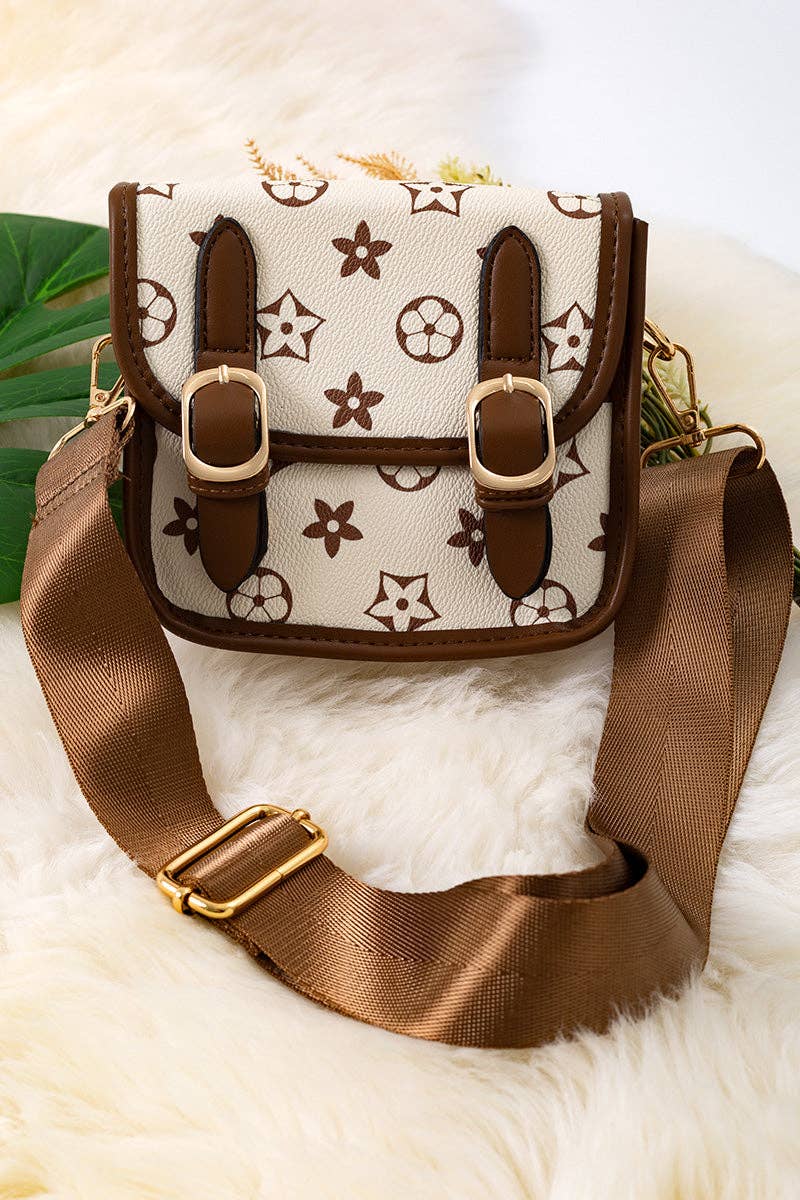 Cream 2 Buckle mini purse w/ wide strap.