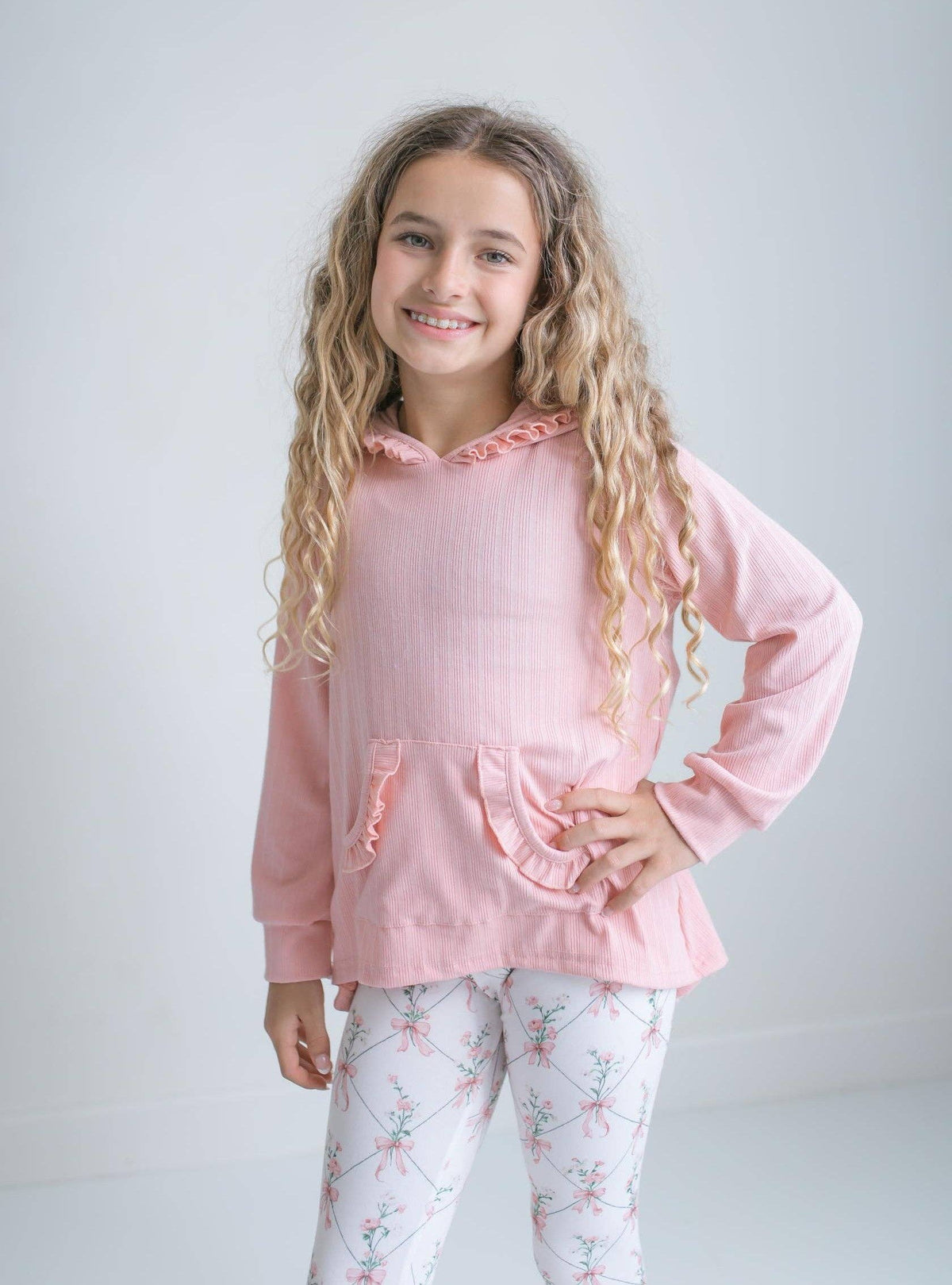 Girls Pink Ruffle Hoodie Legging Set