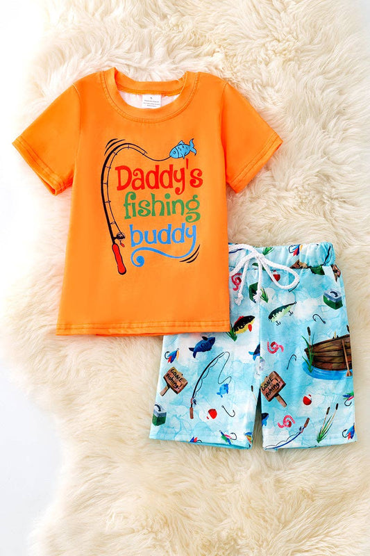 "Daddy's Fishing buddy" Orange tee & fish printed shorts. OFB50113 Jean