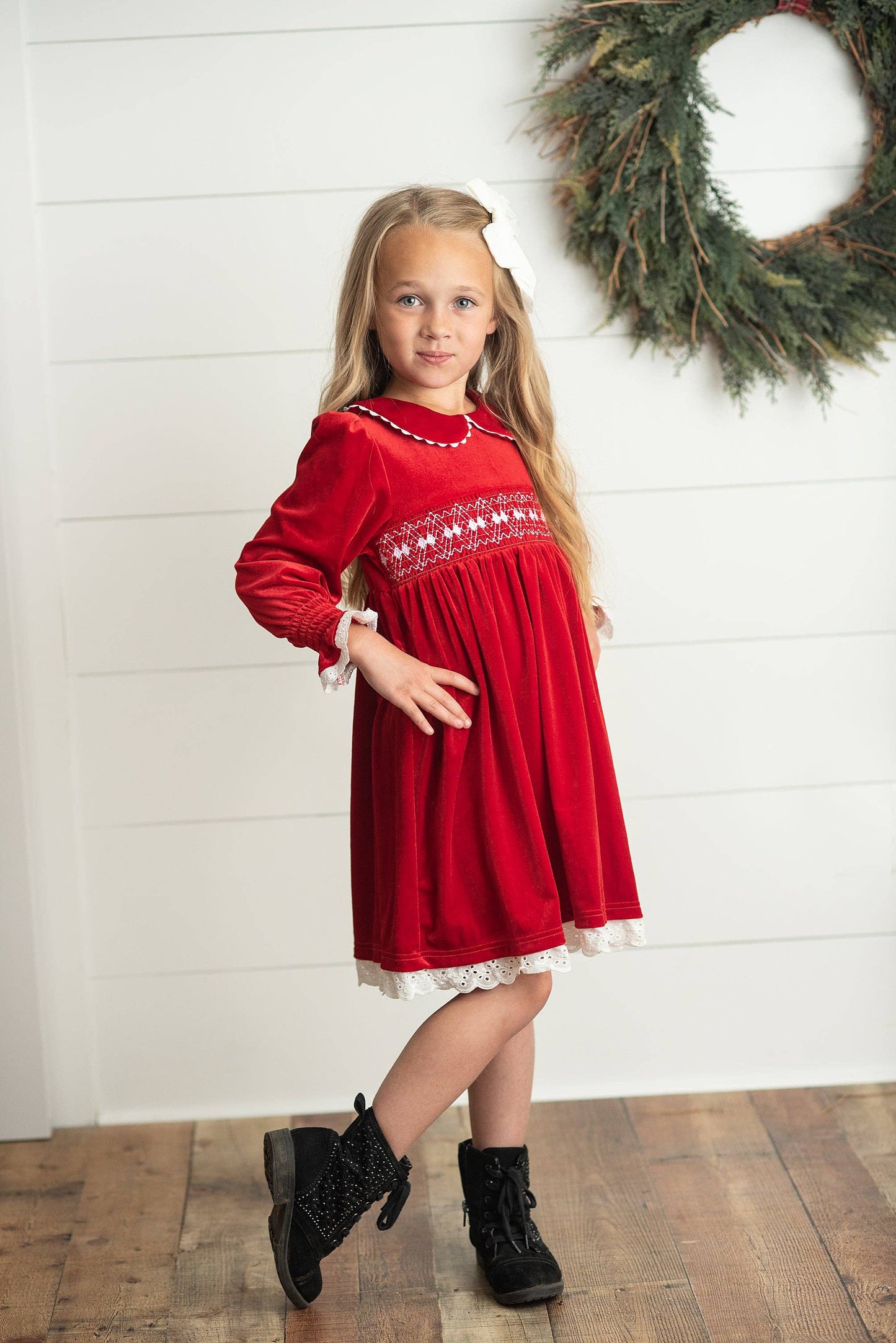 Red Velvet Smocked Lace Dress