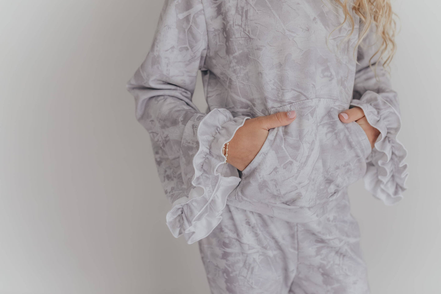 Gray Camo Hooded Ruffle Lounge Set