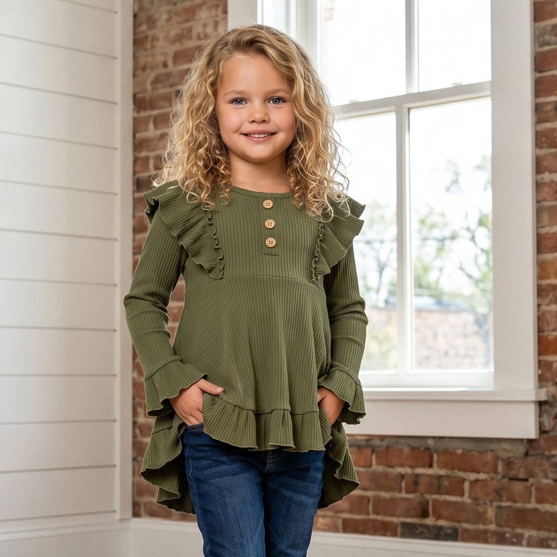 Kids Olive Green Ribbed Long Sleeve Ruffle Button Shirt