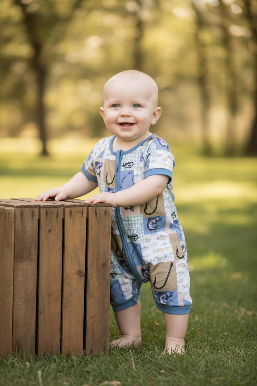 Gone fishing" blue romper