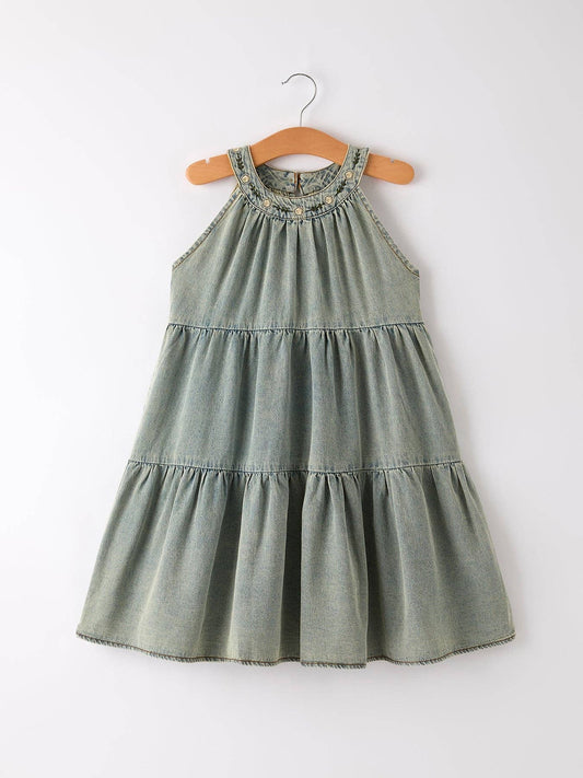 Embroidered Denim Sleeveless Dress