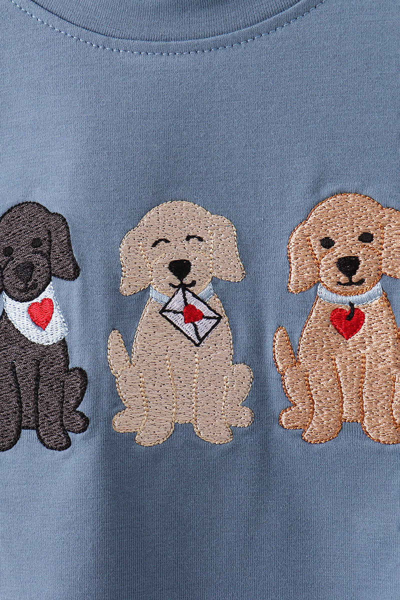 Blue puppy embroidery pants set