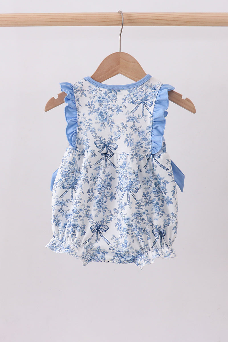 Blue floral cross smocked ruffle bubble