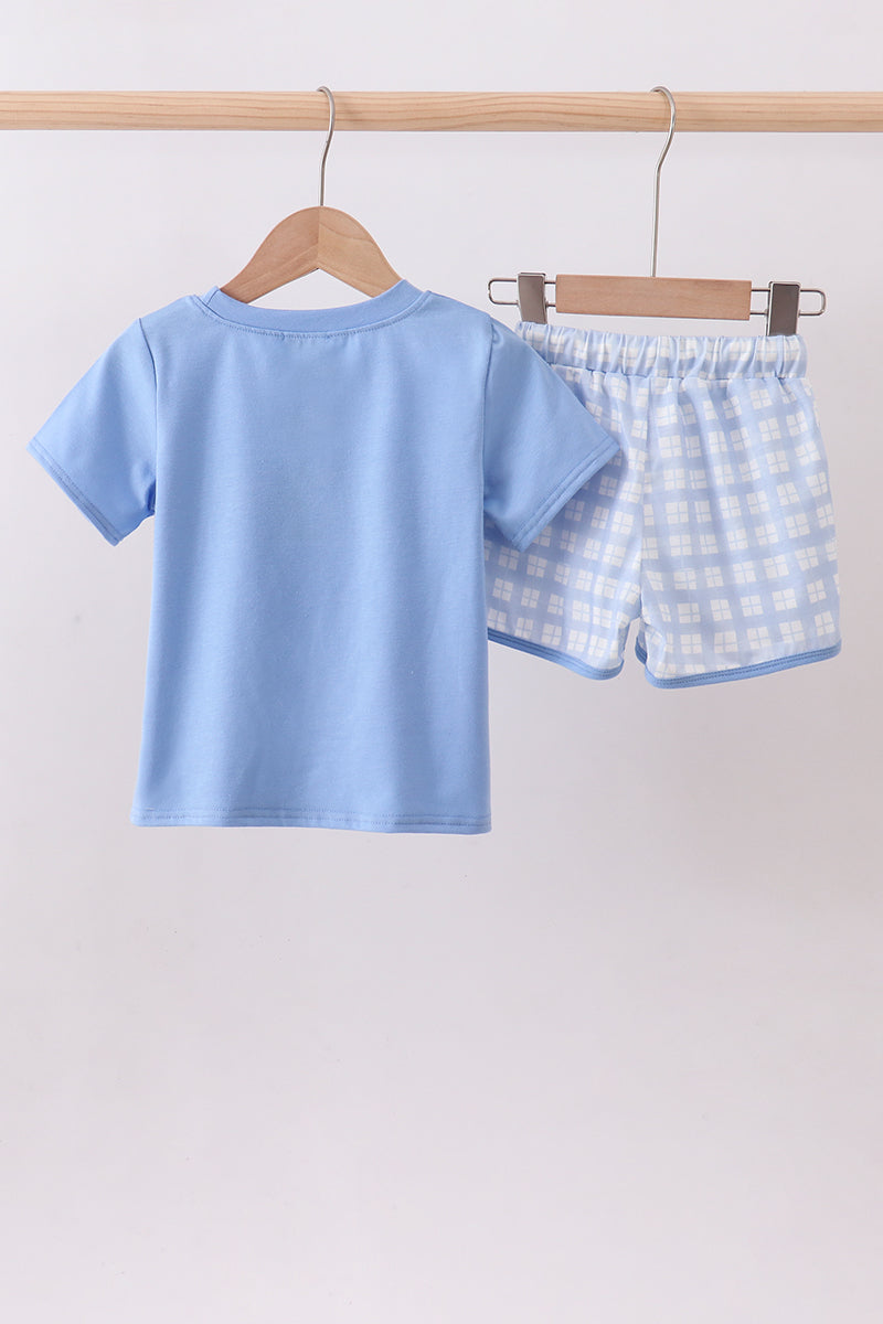 Blue cross smocked plaid shorts set