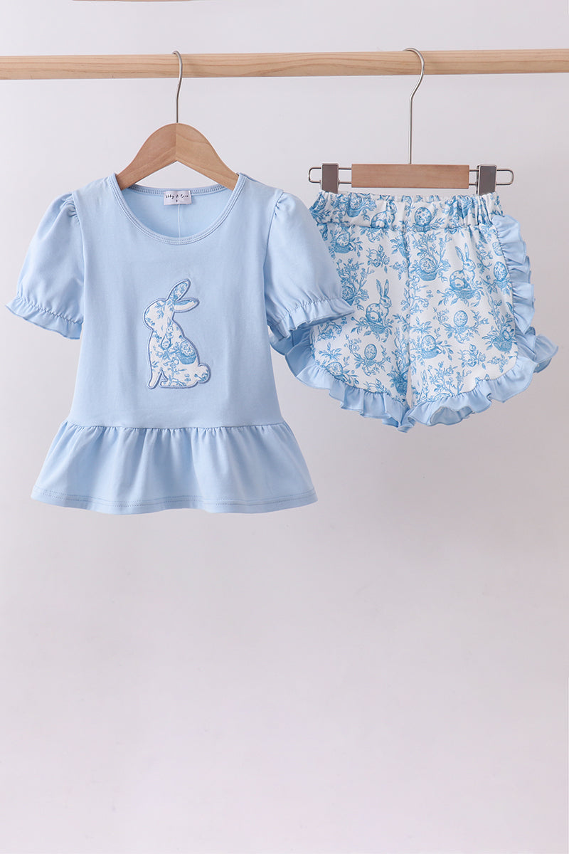 Blue bunny applique shorts set