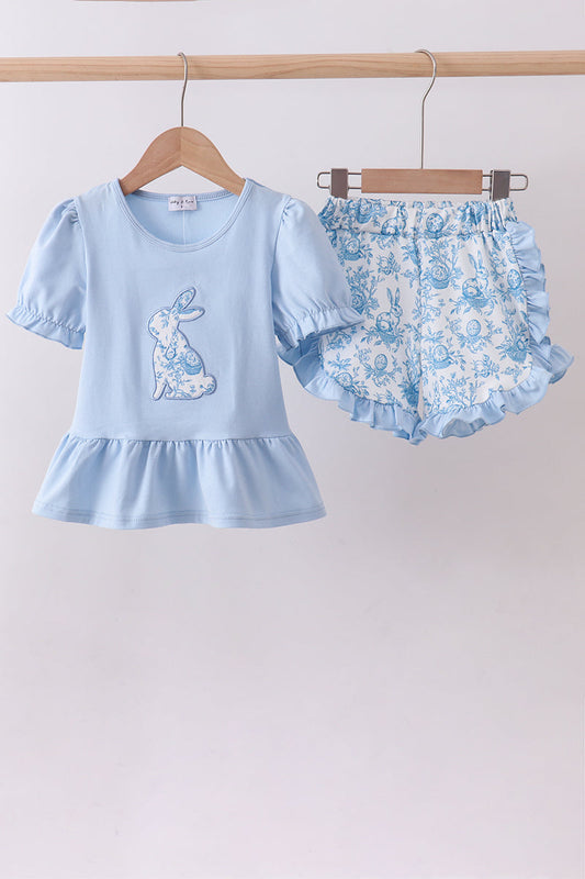 Blue bunny applique shorts set