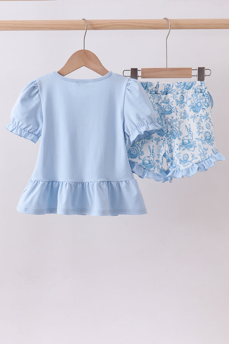 Blue bunny applique shorts set