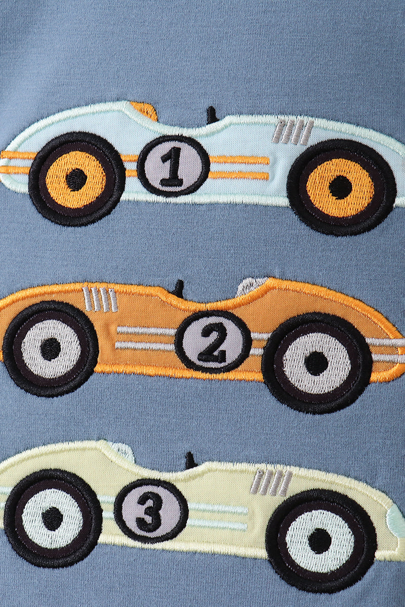 Blue racing car applique bubble