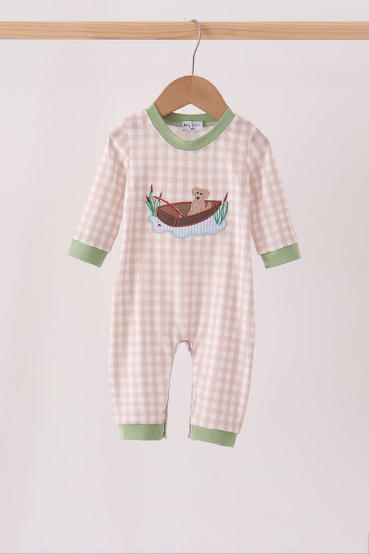 Khaki Puppy Gingham Romper
