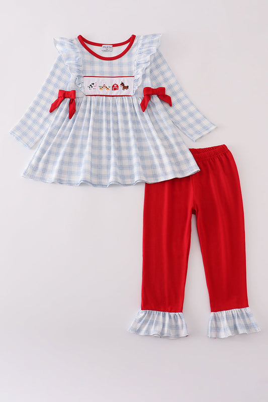 Blue farm embroidery plaid ruffle Pants Set