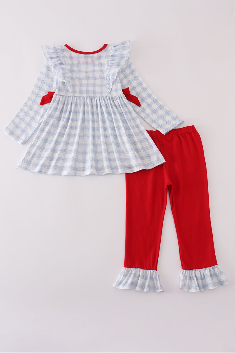Blue farm embroidery plaid ruffle Pants Set