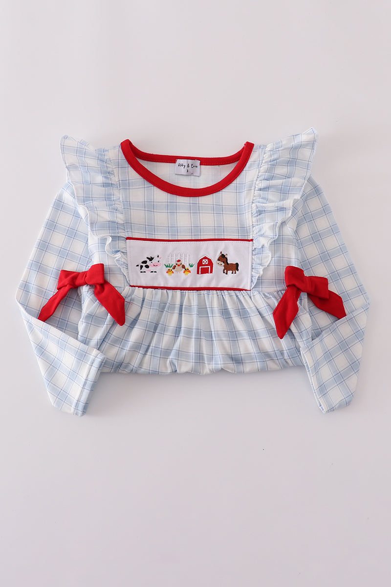 Blue farm embroidery plaid ruffle Pants Set