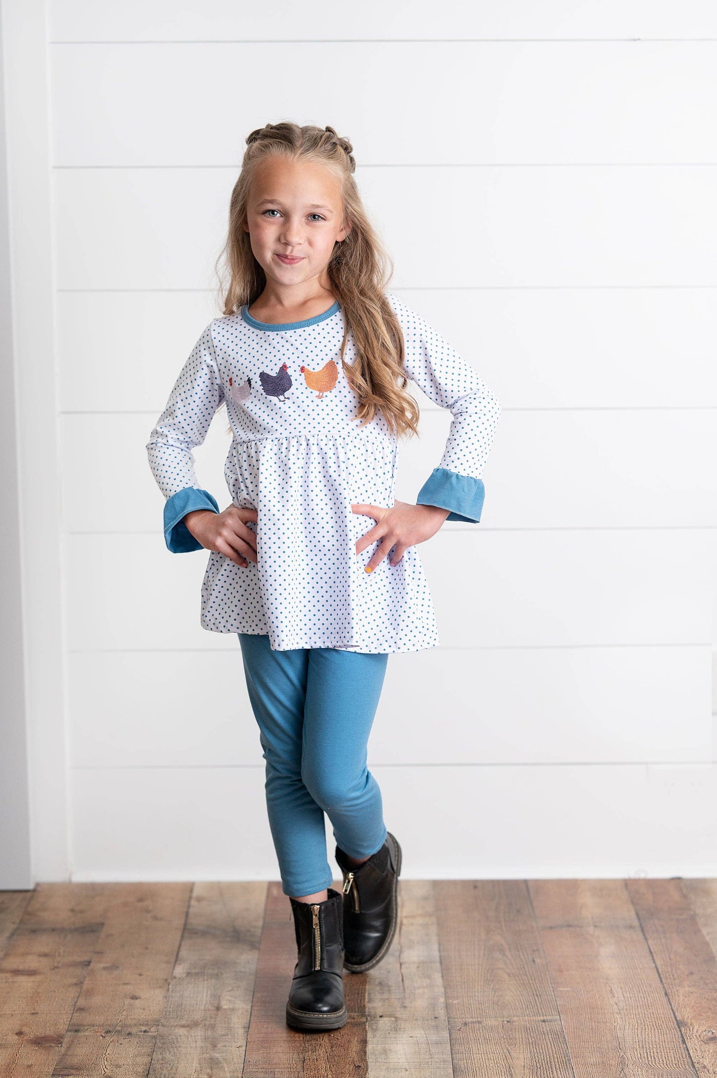 Blue Polka Dot & Chicken Pant Set