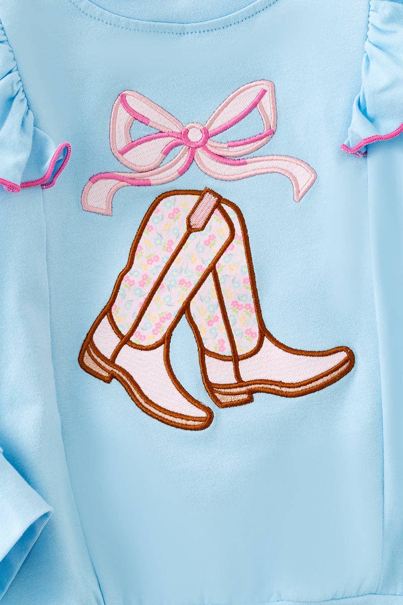Lt. Blue Sweatshirt with boots applique and floral bell bottoms.