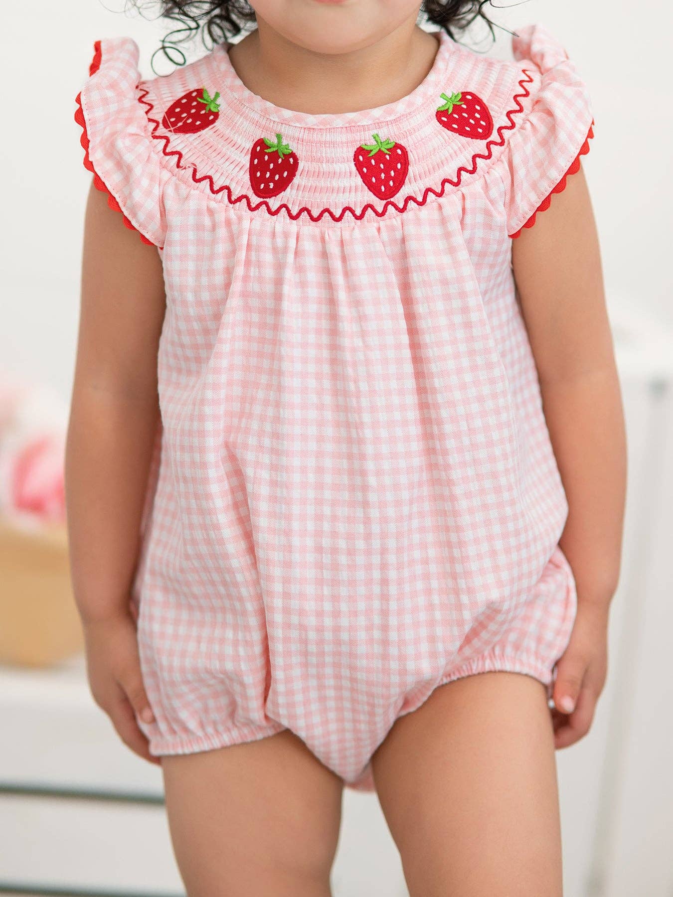 Strawberry Plaid Smocked Romper