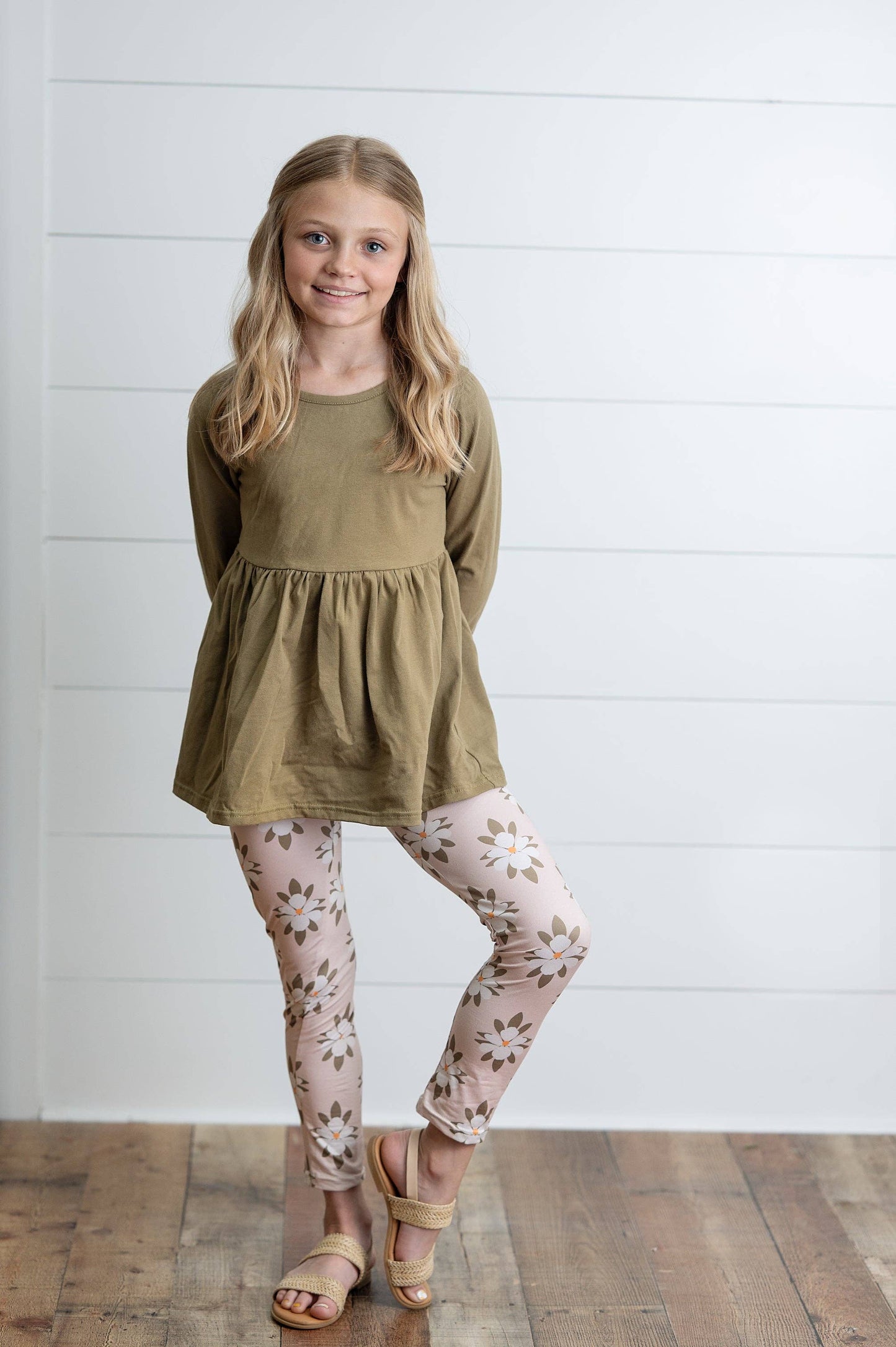 Sage Green 3 Ruffles Shirt & Floral Leggings Set