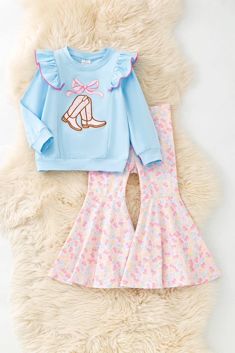 Lt. Blue Sweatshirt with boots applique and floral bell bottoms.