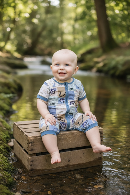 Gone fishing" blue romper