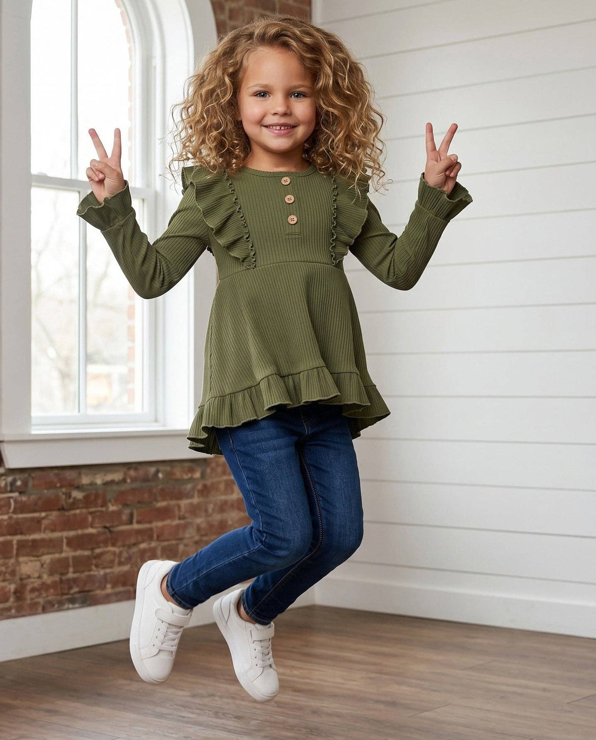 Kids Olive Green Ribbed Long Sleeve Ruffle Button Shirt