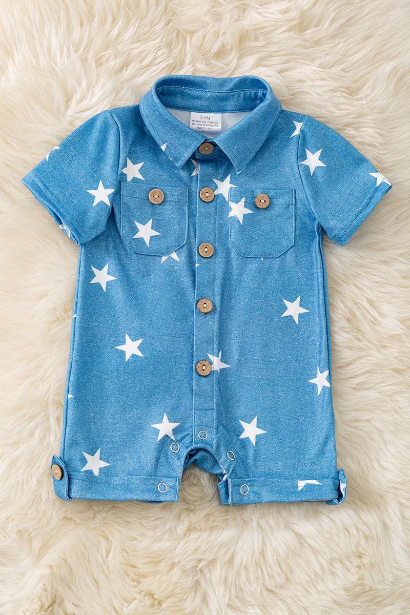 Star printed boys romper with snaps.