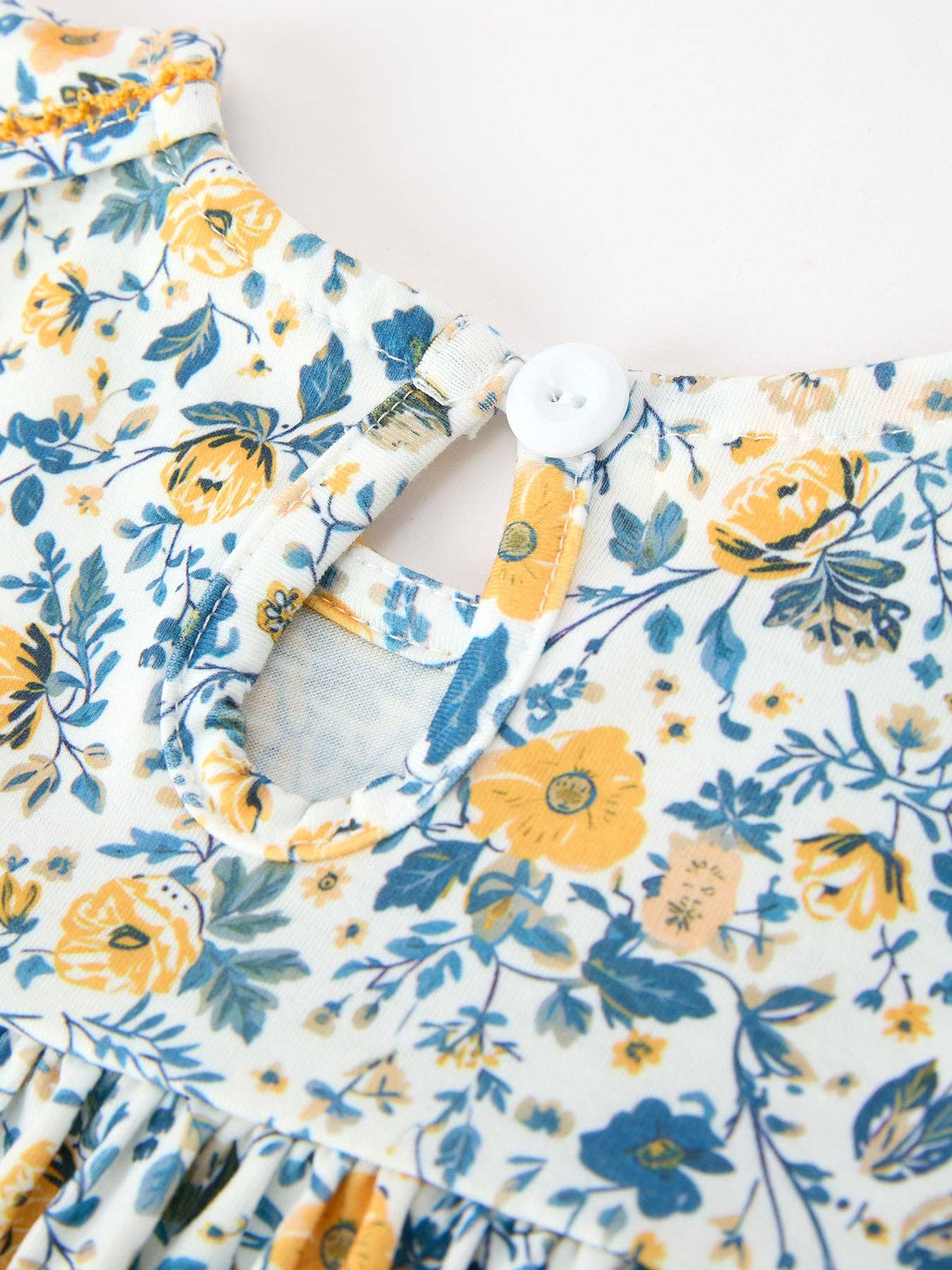 Floral Girls Dress Peter Pan Collar Yellow Trim Puff Sleeve Dress