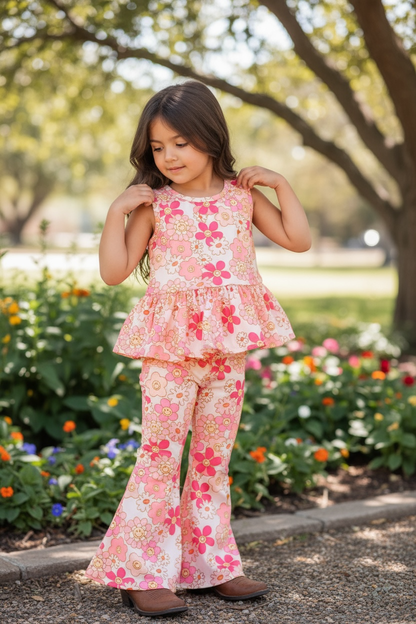 Cute floral tunic with ruffle hem & pants.
