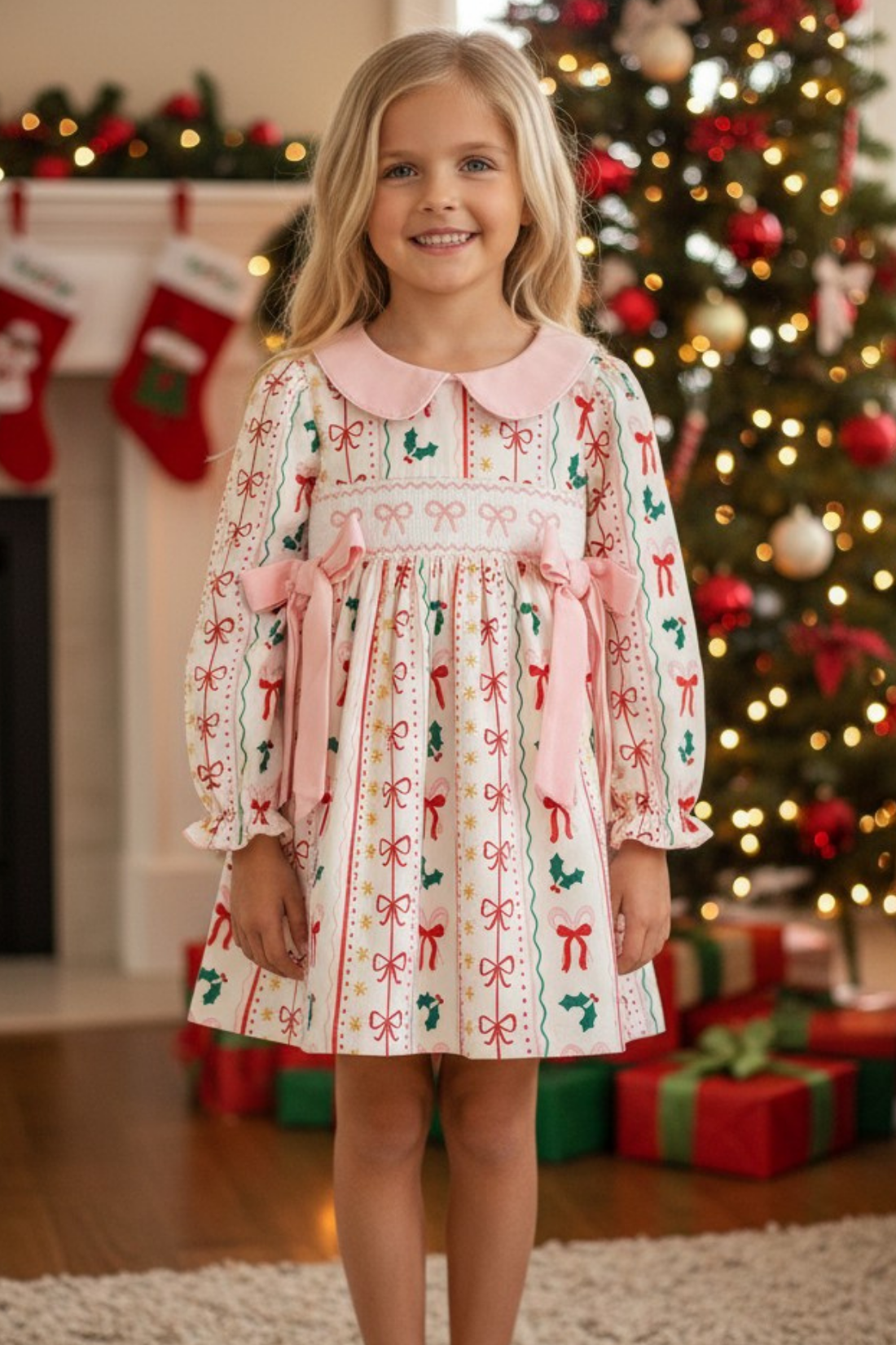 Multi-printed bow- Christmas dress with pink side bows.