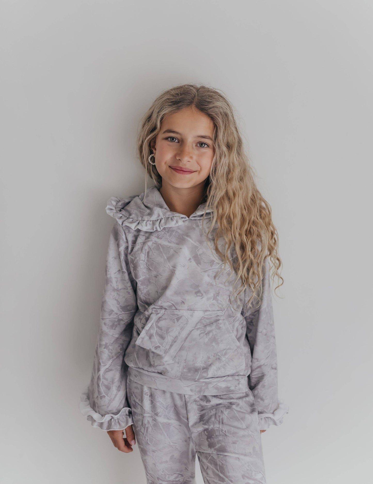 Gray Camo Hooded Ruffle Lounge Set