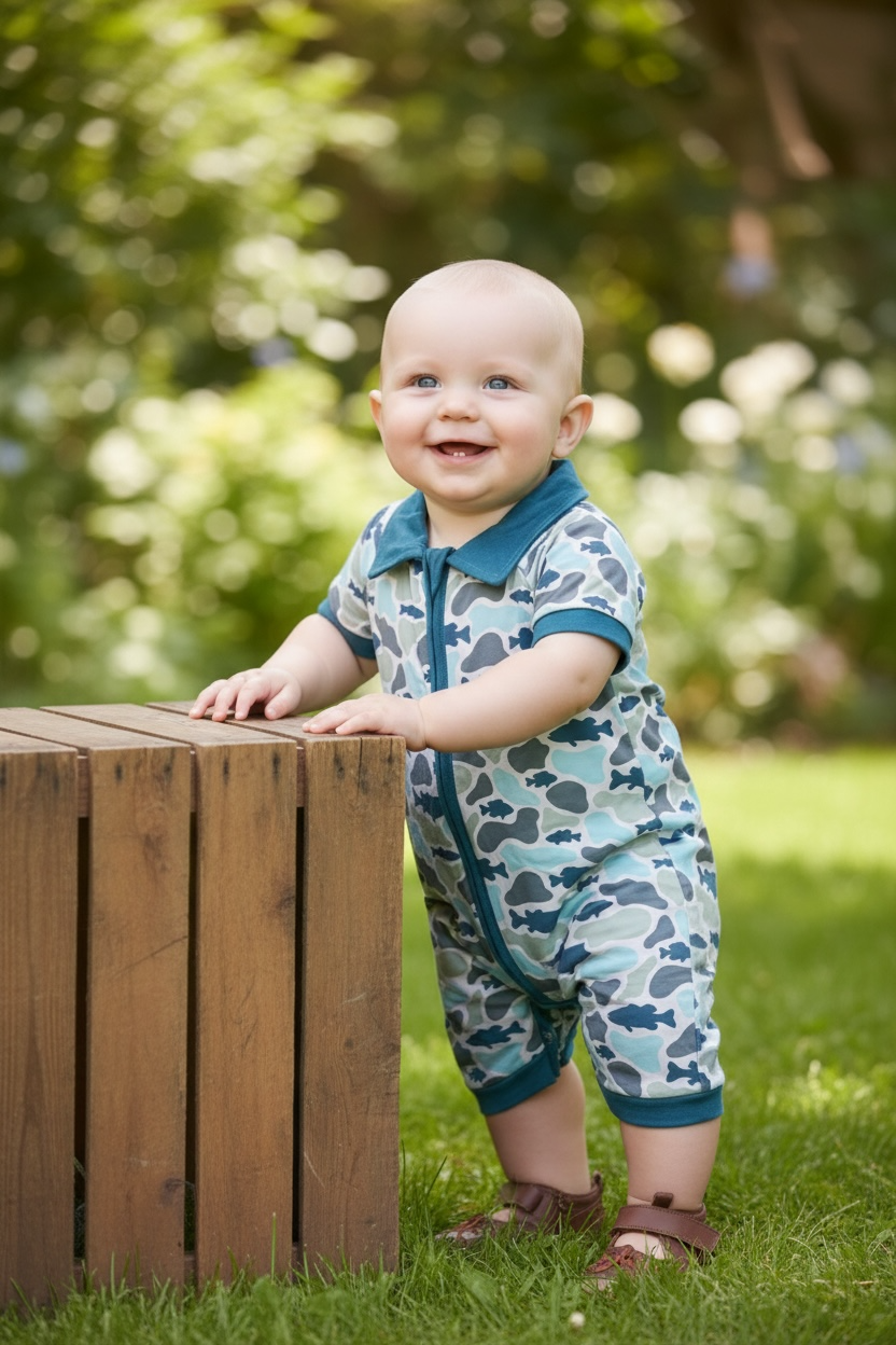 Camouflage boys romper with snaps.