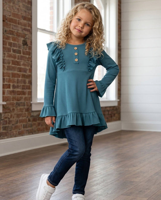 Dark Teal Blue Ruffle Shirt