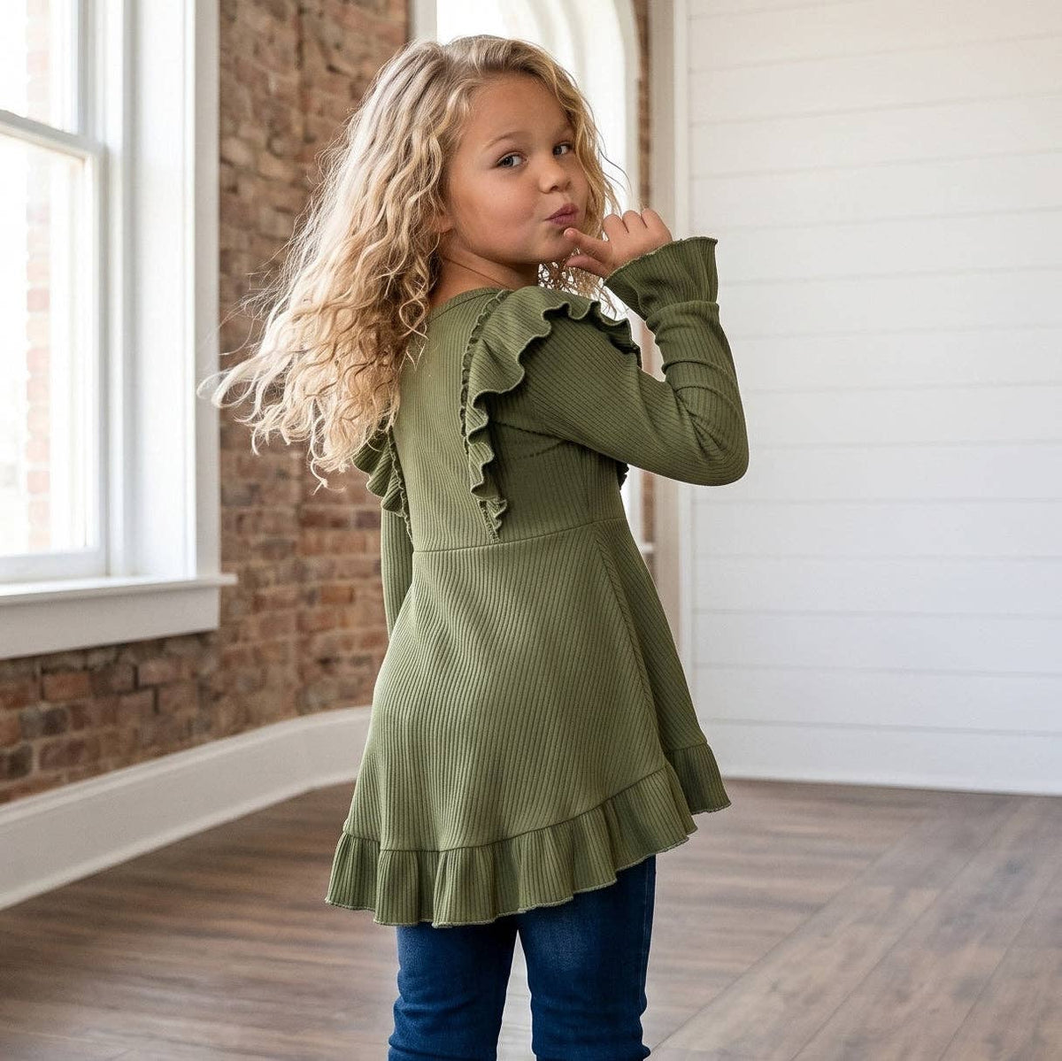 Kids Olive Green Ribbed Long Sleeve Ruffle Button Shirt