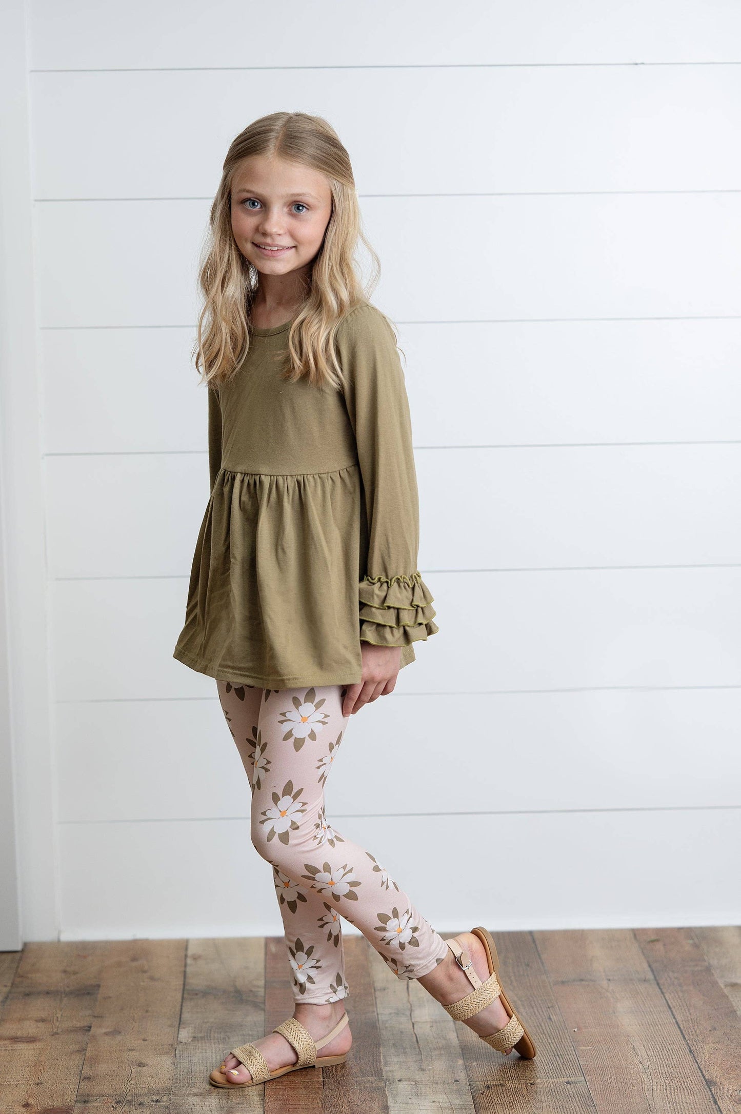 Sage Green 3 Ruffles Shirt & Floral Leggings Set