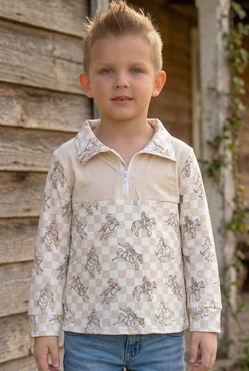 Ivory Checker & horse ride printed long sleeve pull over.
