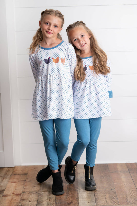Blue Polka Dot & Chicken Pant Set