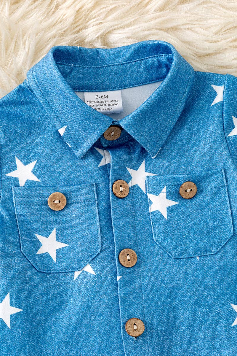 Star printed boys romper with snaps.