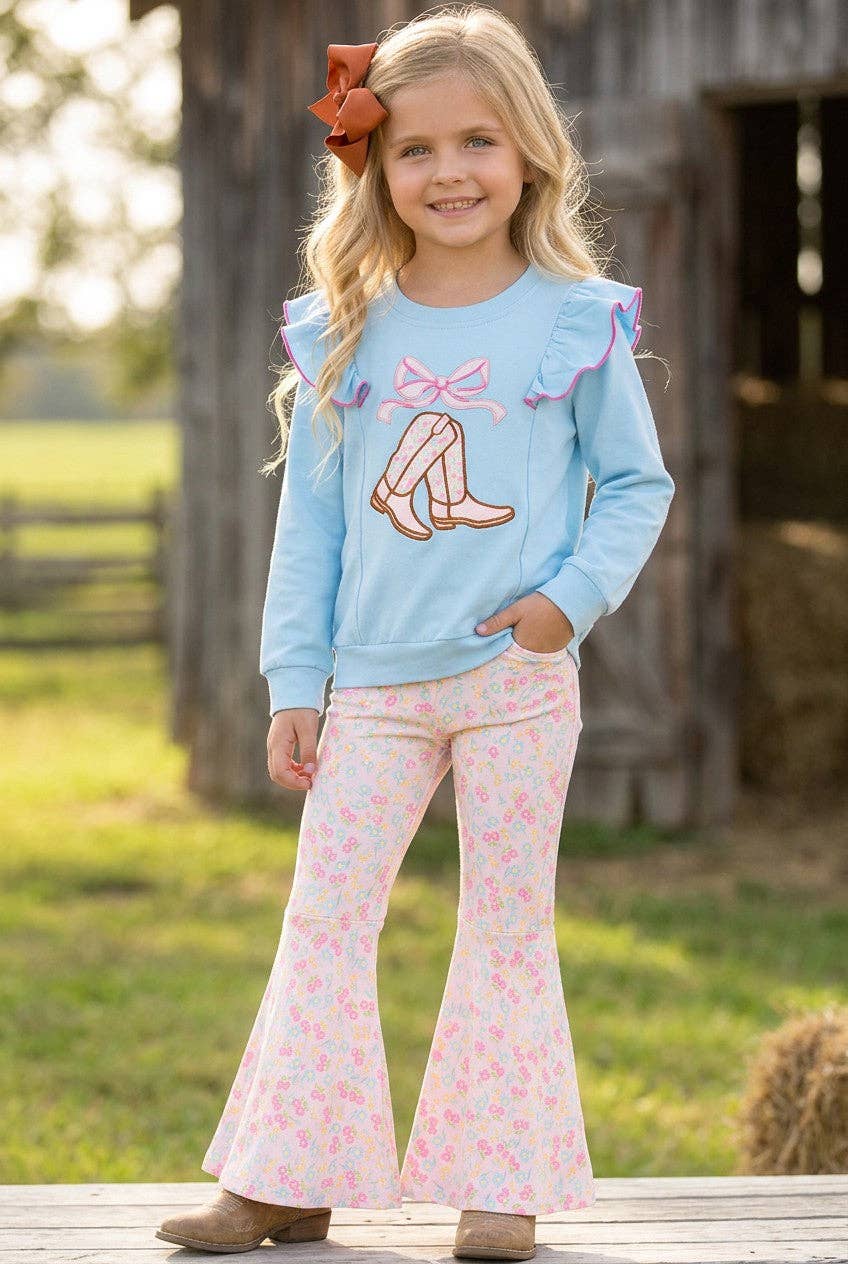 Lt. Blue Sweatshirt with boots applique and floral bell bottoms.