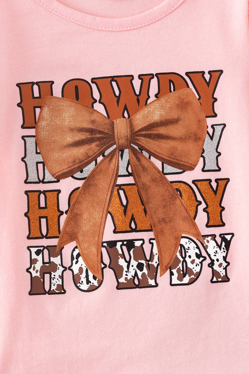 Howdy Howdy" Pink tee & denim shorts.