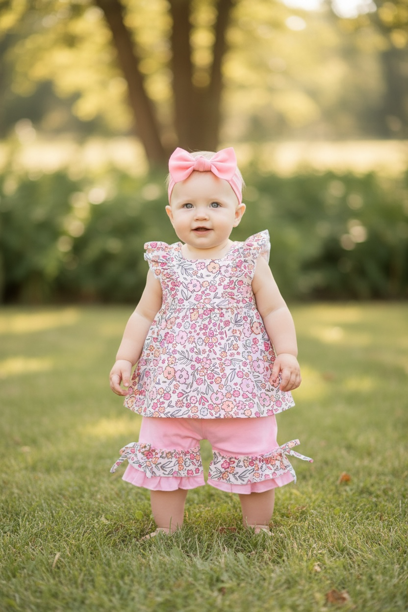 Multi-Color Ditsy floral tunic and pink short