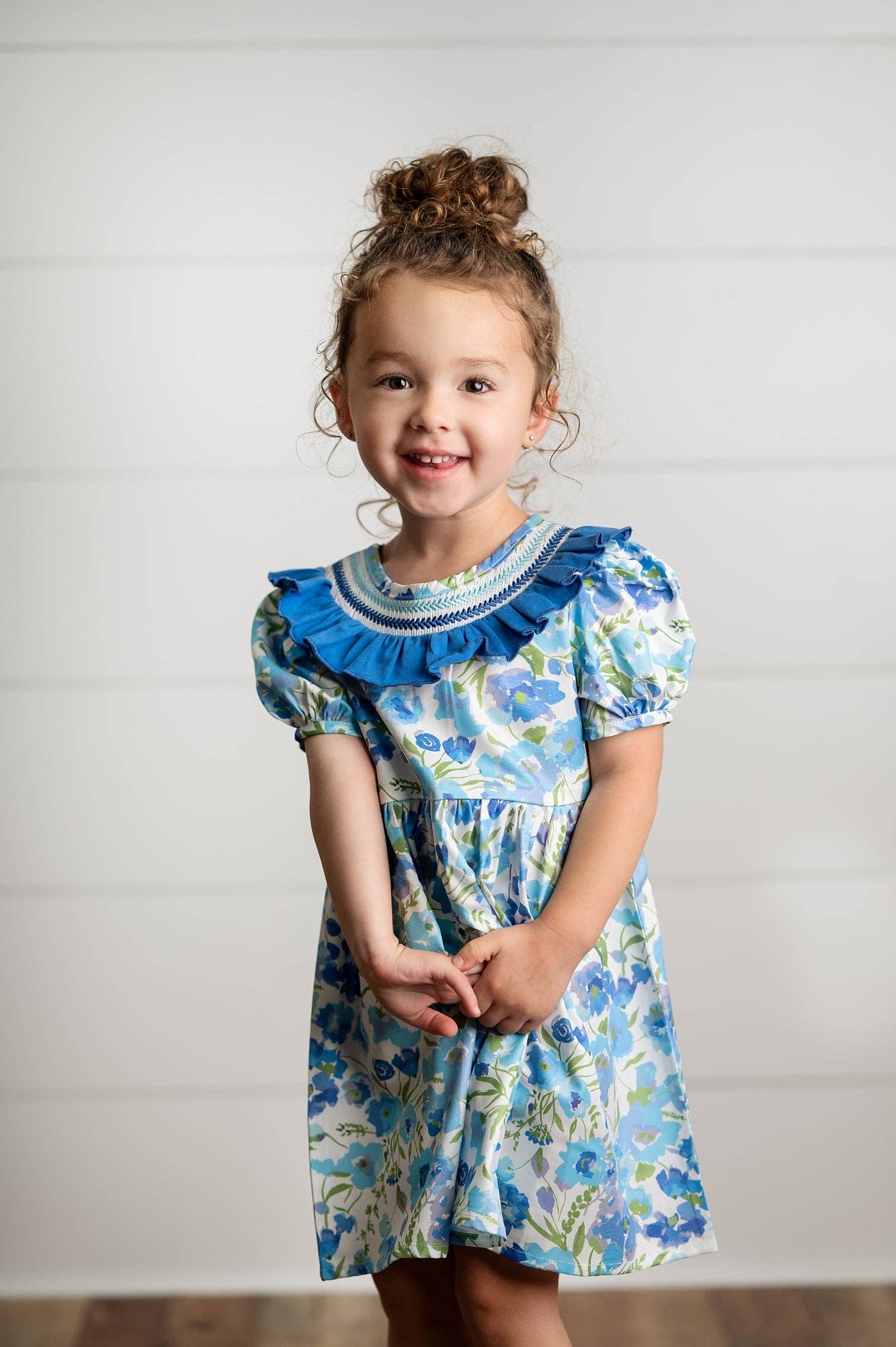 Girls Blue Vintage Floral Embroidered Ruffle Dress